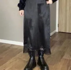 新品未使用　ammy コラボ　しまむら　サテン裾レーススカート　ブラック　M