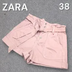 ZARA ハイウエスト デニムショートパンツ ベルト付き ピンクグレー 38