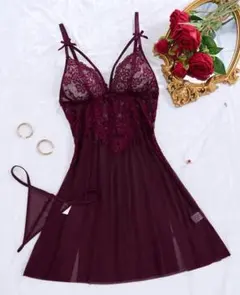 ボルドーレース ベビードール 勝負下着 セクシー　Tバックセット