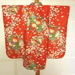 七五三用 着物　花柄　朱色　昭和レトロ　アンティーク　リメイク材　難あり