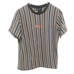 【美品】HUF ハフ マルチストライプ センター刺繍ロゴ Tシャツ ブラウン L