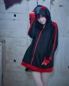小悪魔風フード付きジップアップパーカー ブラック×レッドのサムネイル