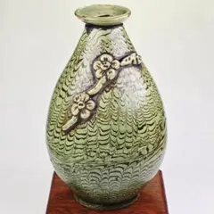 時代物 中国古磁 絞胎 練り込み 緑釉 浮彫り 梅花紋 花瓶 梅瓶 酒器 古美術