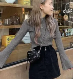 GRL k9316e ラメニットフレアスリーブショート丈トップス