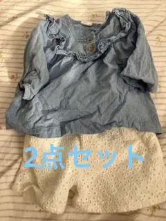 水色シャツと白ショートパンツセット 6-9M