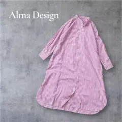 【アルマデザイン】ストライプオーバーシャツワンピース　バンドカラー　羽織り　M