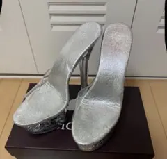 シルバー 高ヒールパンプス クリアストラップ