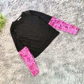 TORRAZZO【M相当】黒ピンク クルーネック 片袖 ベルベット 長袖トップス