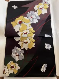 ①正絹　袋帯 花柄　黒地　たとう紙付き
