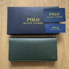 【未使用品】ポロラルフローレン ポニーロゴ レザー かぶせ長財布 グリーン 箱付