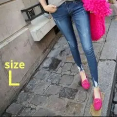 マタニティ スキニー デニム パンツ L ストレッチ 産前産後 ウォッシュ加工