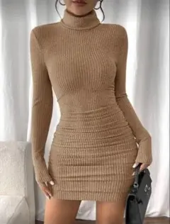 ベージュ リブ編み タートルネック ワンピース