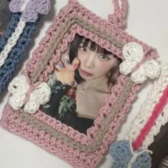 ［T51］トレカケース 編み物 ハンドメイド 毛糸 蝶々(pink)