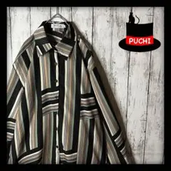 【総柄ポリシャツ】ストライプ☆幾何学☆レトロ☆ベージュ系☆メンズMほど