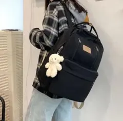 リュック ポケット付き バックパック 韓国 ブラック キーホルダー 通学 通勤