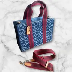 極美品 COACH ロゴトートバッグ ネイビー/レッド コーチ CY698