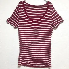 【US古着】MERONA ボーダー Vネック Tシャツ ボルドー M相当 レトロ