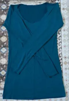 エスニック＊Uネック 長袖Tシャツ／無地カットソー (ターコイズブルー)