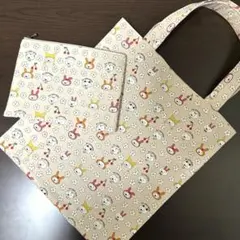 エコバッグ　フラットポーチセット　うさねこ　ベージュ　コットンこばやし　猫
