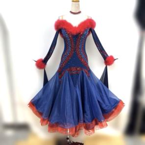 6215★L★ネイビー×赤 ラインストーン 羽根 スタンダードドレス☆社交ダンス