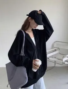 SHEIN オーバーサイズ ジップパーカー ブラック 黒 韓国ファッションのサムネイル