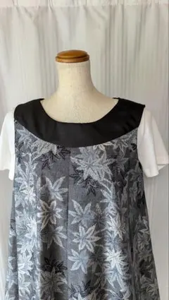 No197 大島紬着物リメイク 大島紬２種類使い　Aラインノースリーブワンピ