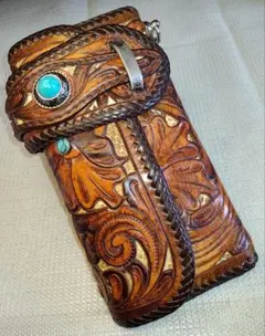 レザークラフト優 パイソン透かし カービング ライダースウォレット 長財布 本革