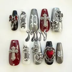 クロムハーツ 十字架 ボルドー シルバー 量産型 痛ネイル個性派 ネイルチップ