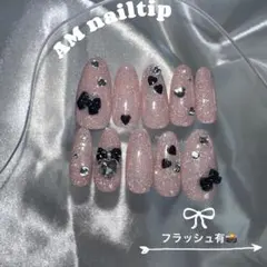 ｛オーバル｝リボン ピンクガーリー フラッシュネイルチップ