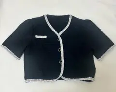 ブラック 半袖 トップス ショート丈 /ツイードクロップカーディガン/韓国風