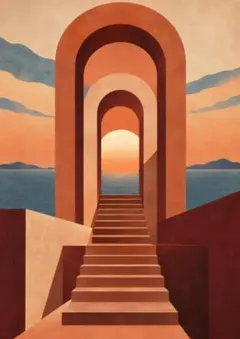 A4 ミッドセンチュリー アーチ 夕日 海 ポスター【MC-197】