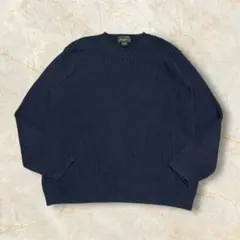 00s Eddie Bauer Vネックリブ編み コットンニット 厚手ネイビーL