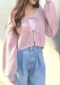 新品イングINGNIピンク色クロップド丈Vネック2つリボンニットカーディガン