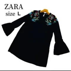ザラZARA 刺繍柄 花柄 ブラックワンピース チュニック L