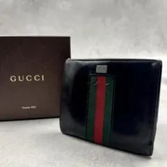 GUCCI シェリーライン ブラック レザー メンズ 折り財布 8752