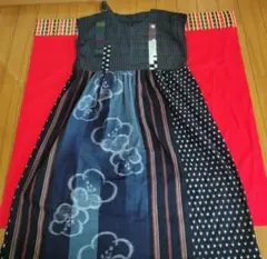 着物リメイク 絣パッチワーク ロングワンピース