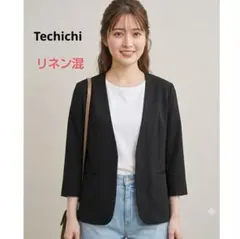 Techichi ブラック リネン混 七分袖から九分袖 ノーカラージャケット Fのサムネイル