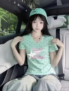 SHEIN ドット柄 Tシャツ ミントグリーン