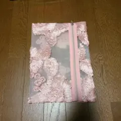 花柄刺繍メッシュポーチ ピンク