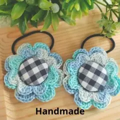 ハンドメイド アクアカラー×チェック　ヘアゴム