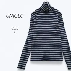 a3139▶ユニクロ　タートルネックセーター【S】ボーダー　ネイビー　毛100%
