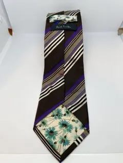 【極美品】ポールスミス ネクタイ ストライプ 裏地花柄 シルク 日本製 茶 紫