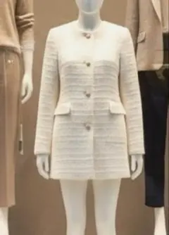 ZARA ホワイト ツイード　ゴールドボタン　 ノーカラー ジャケット　XS