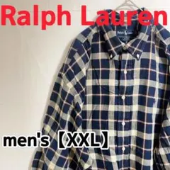 Y392【Ralph Lauren】長袖チェック柄シャツ【XXL】ネイビー