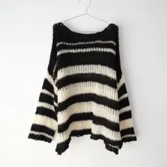 USED 古着 ブラック ホワイト ボーダー メッシュ ニット セーター