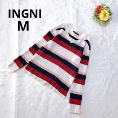 イング マルチカラー長袖ボーダー Vネック リブニット カジュアル 秋冬 レッド