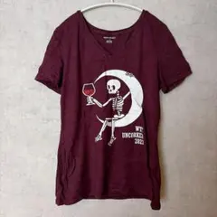 アマゾンエッセンシャルズ 骸骨柄 Vネック Tシャツ M 深紫 綿素材 スカルのサムネイル