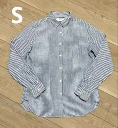 【美品】UNIQLO プレミアムフレンチリネンシャツ　ストライプ　ネイビー　Sのサムネイル