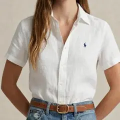 【極美品】ポロラルフローレン リネンシャツMホワイト半袖 カットソーボタンダウン