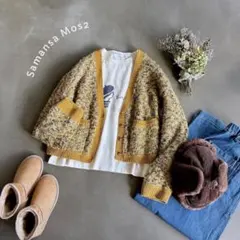 サマンサモスモス＊ミックスカラー ブークレー生地長袖ニットカーディガン イエロー